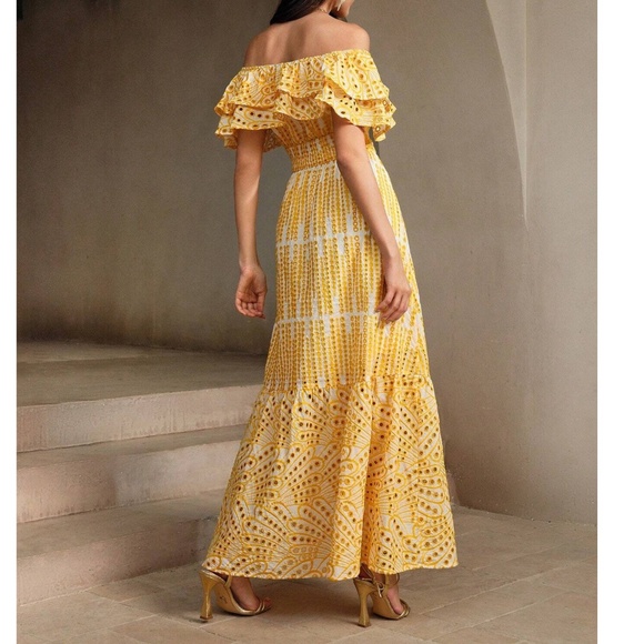 Boho Yellow Off Shoulder Eyelet Stretchy Waist Maxi Dress - Picture 3 of 5
